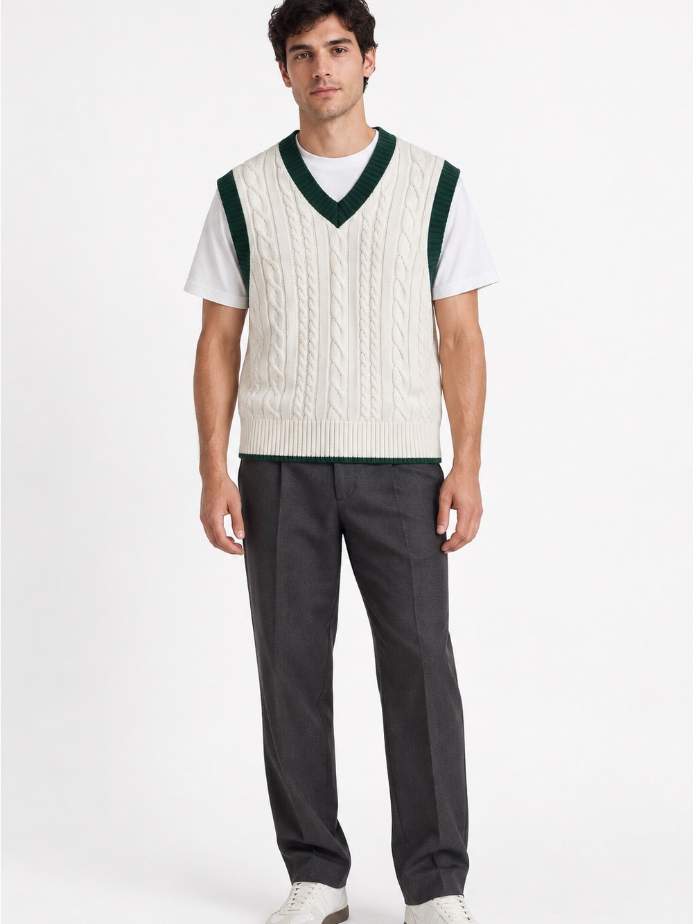 Zara Sweater Vest Mens Small Beige Green Cotton Blend Cable Knit Pullover
